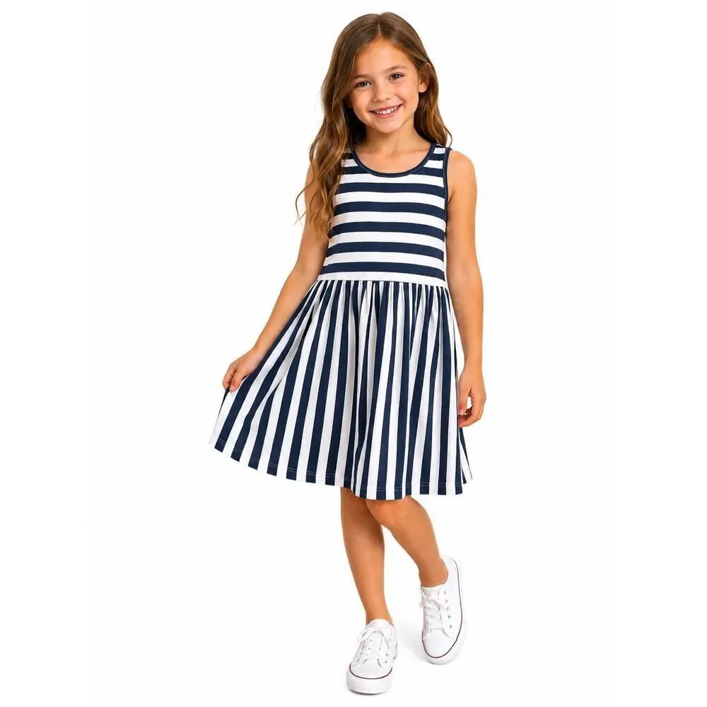 H&M Girls Striped Sleeveless Tank Dress 6-8Y Navy White Cotton Sundress